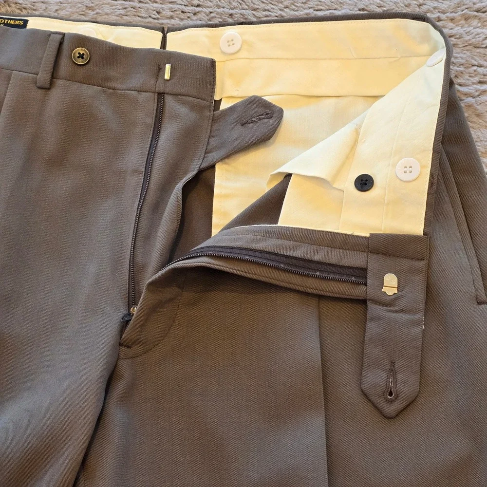 Brooks Brothers Makers Mens 33 Wool Pleated Cuffed Dress Pants Olive Taupe USA